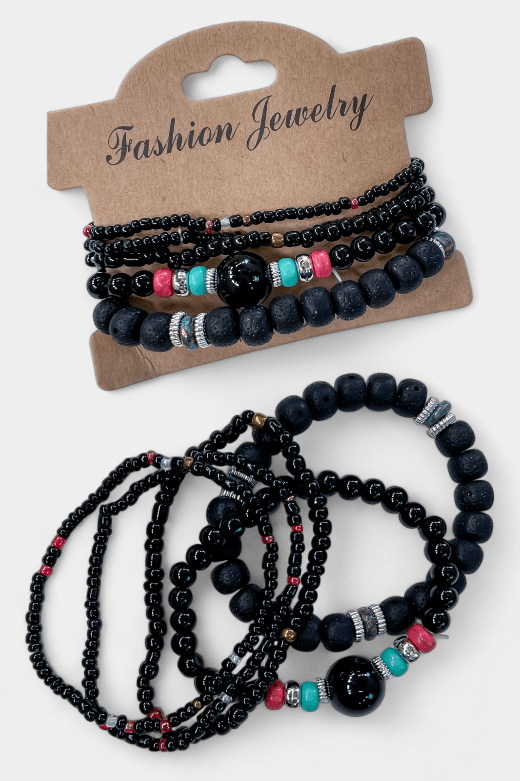 Black Mixed Bead Stretch Bracelet Set