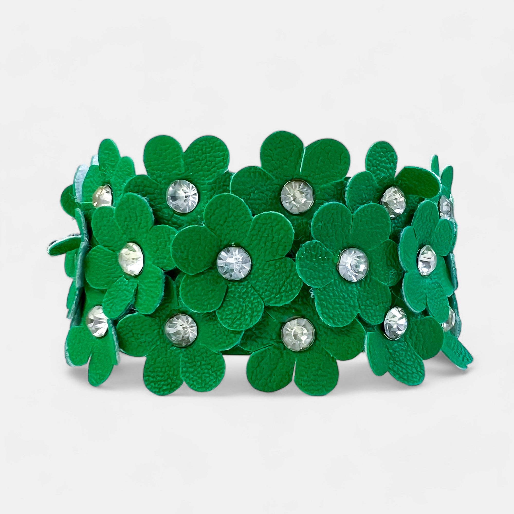Green Flower Cluster Leather Wrap Bracelet