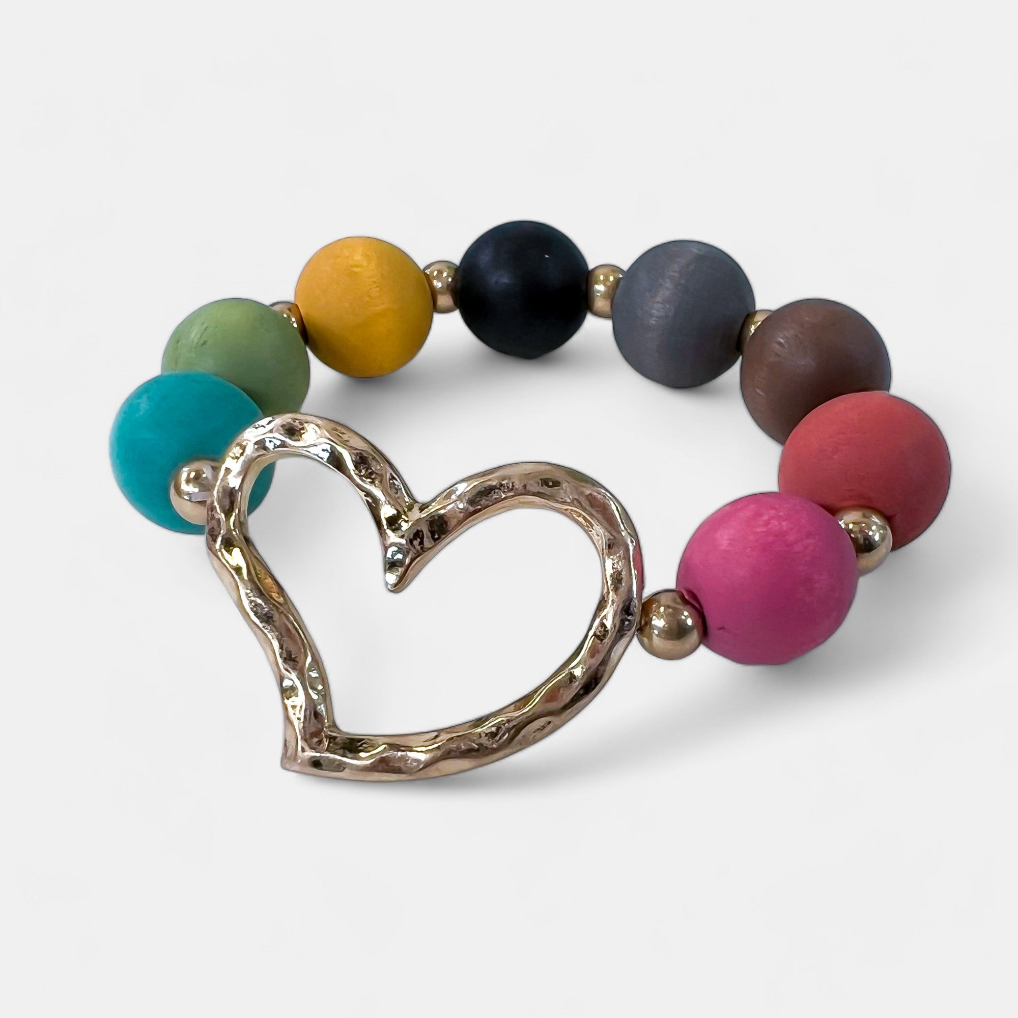 Multi Heart Wood Ball Bracelet