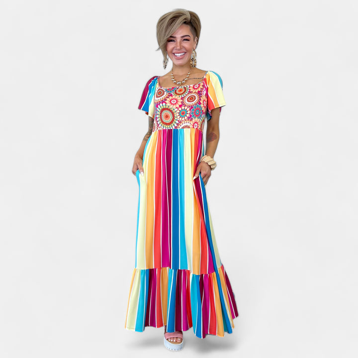 Crochet Medallion Multi Stripe Maxi Dress