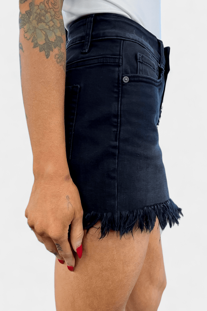 Black Washed Mid Rise Frayed Denim Shorts