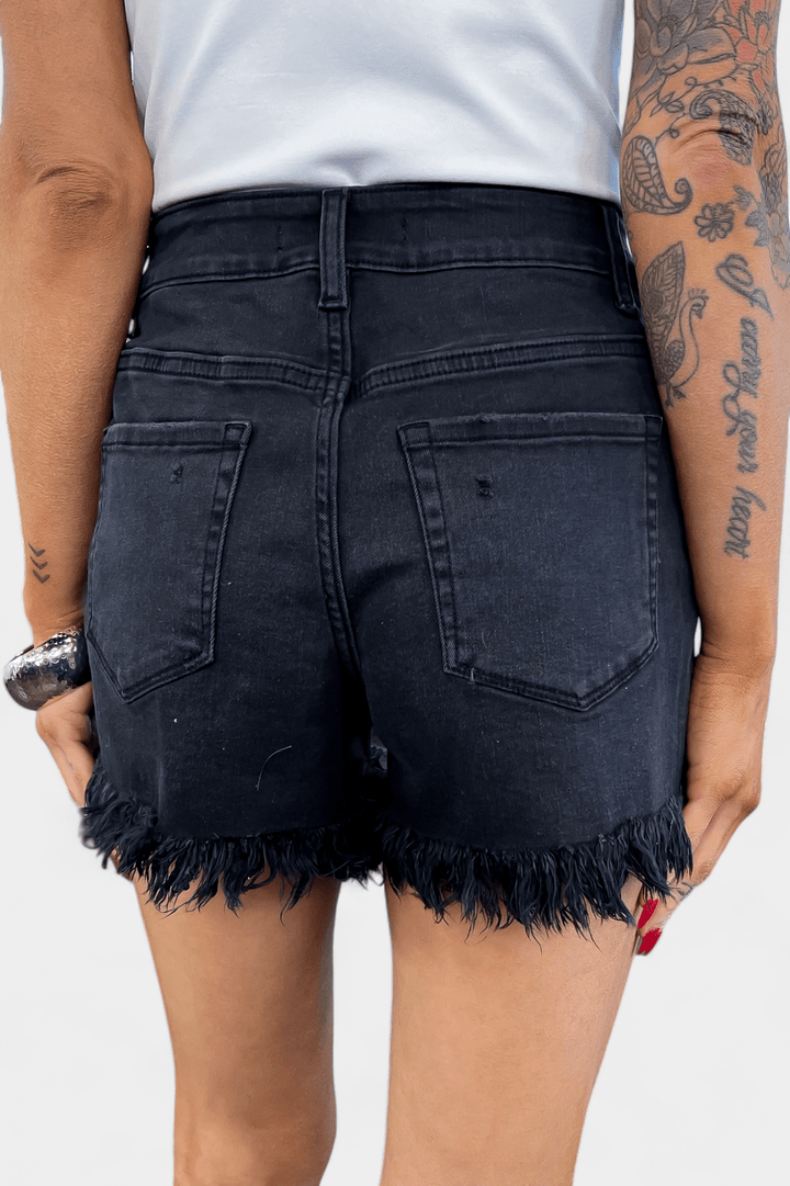Black Washed Mid Rise Frayed Denim Shorts