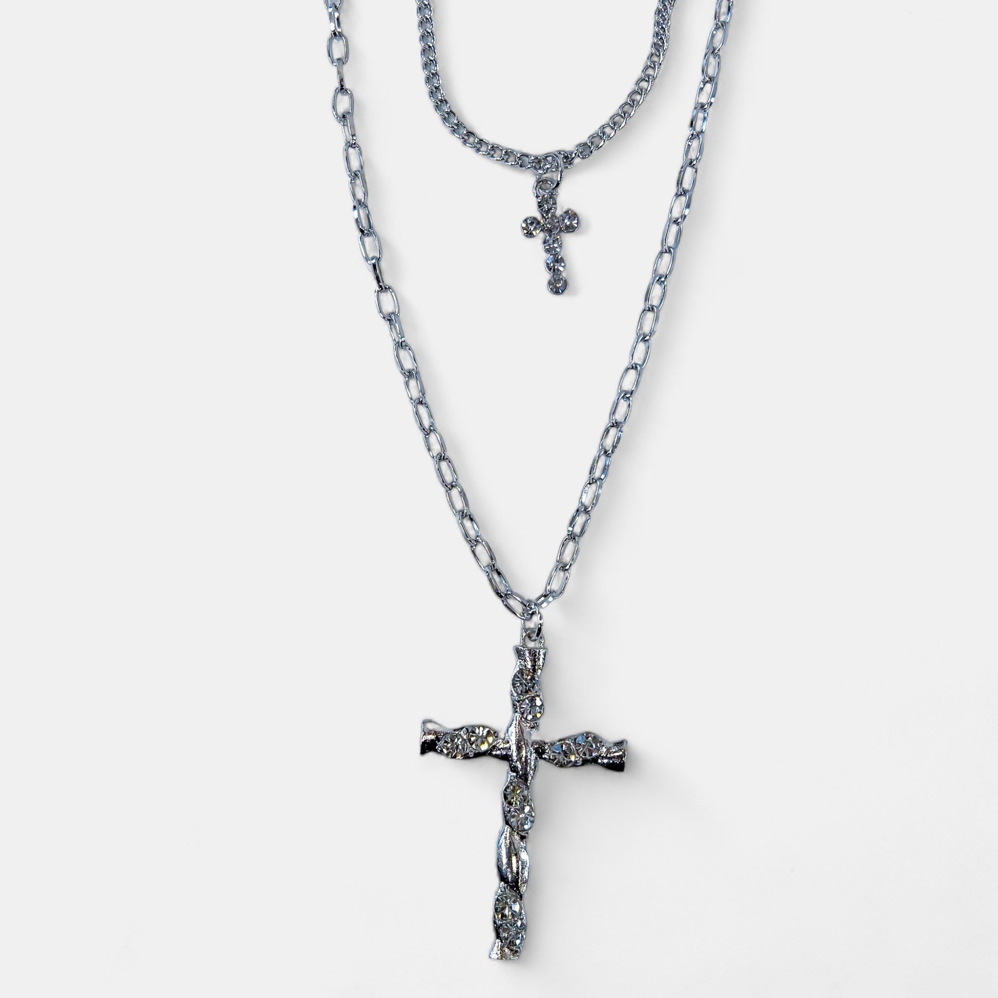 Silver Double Layered Cross Necklace
