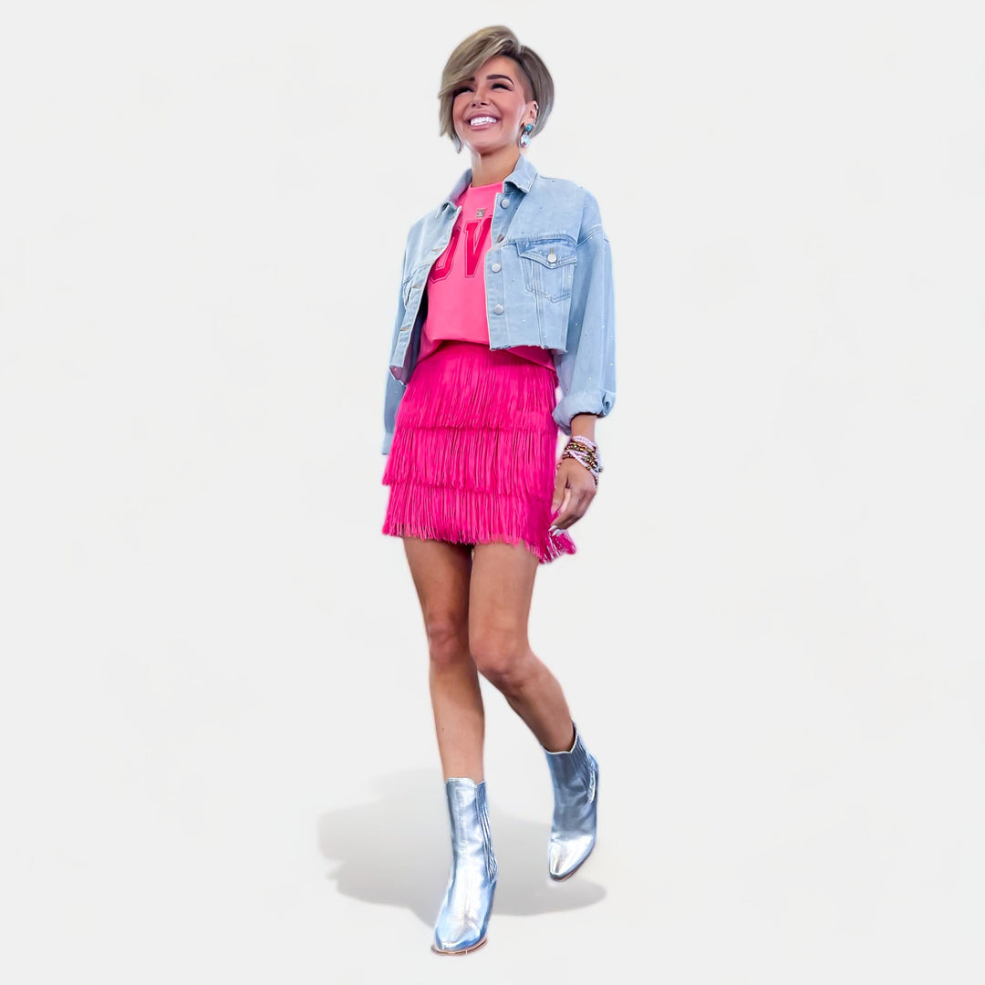 Hot Pink Fringe Mini Skirt