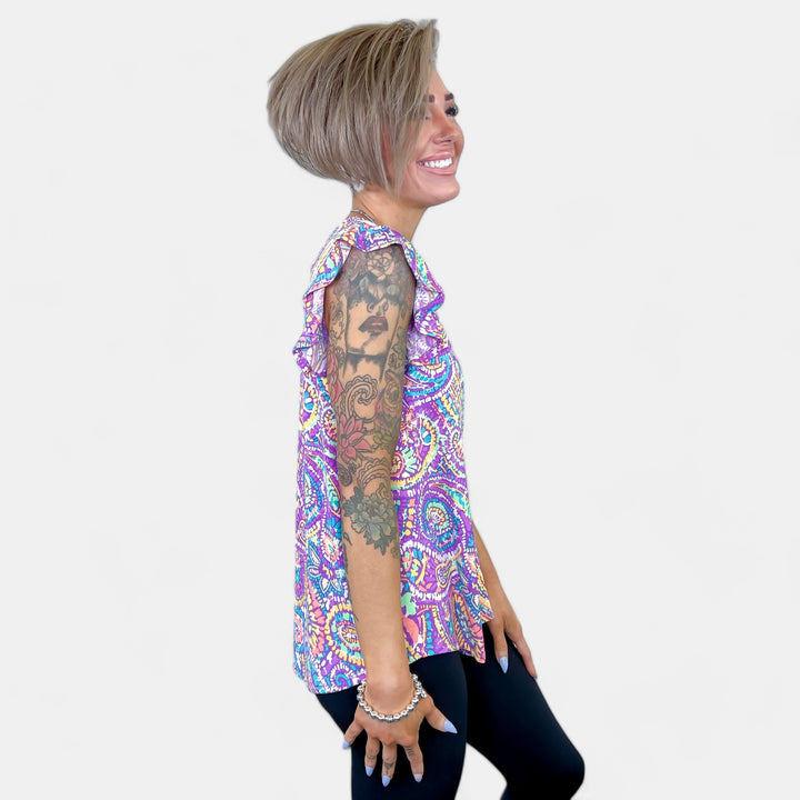 Lavender Multi Paisley Lizzy Flutter Sleeve Top