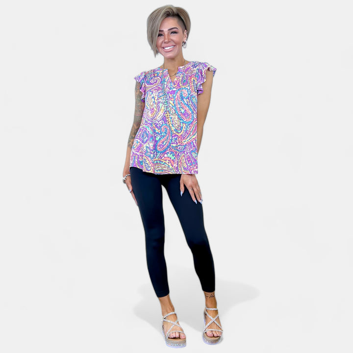 Lavender Multi Paisley Lizzy Flutter Sleeve Top