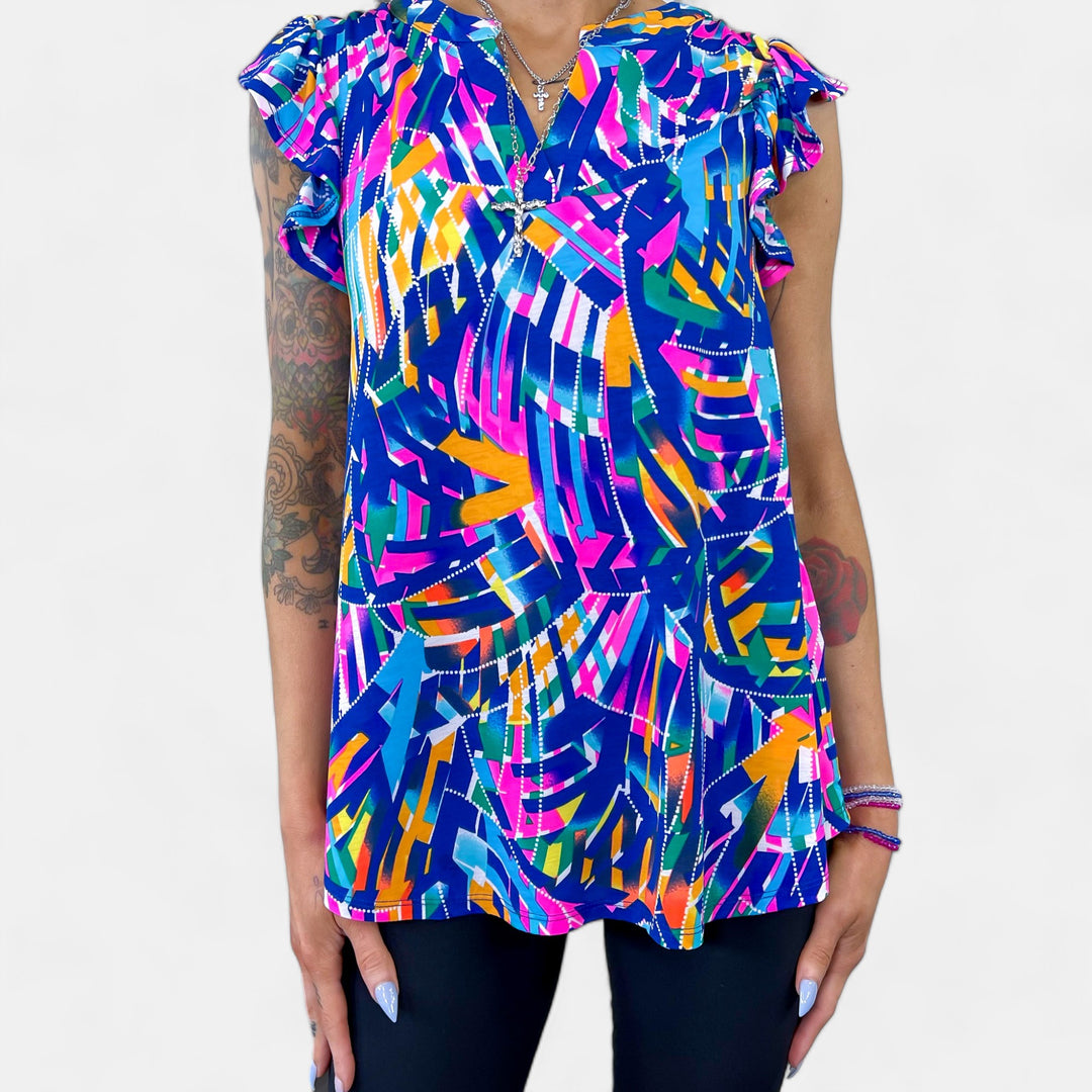 Royal Multi Abstract Lizzy Flutter Sleeve Top