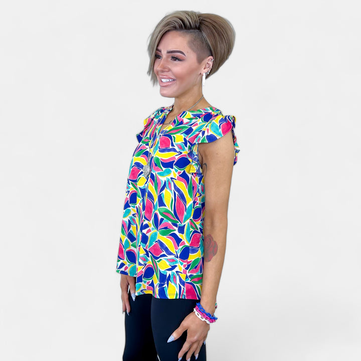 Royal Multi Abstract Lizzy Flutter Sleeve Top