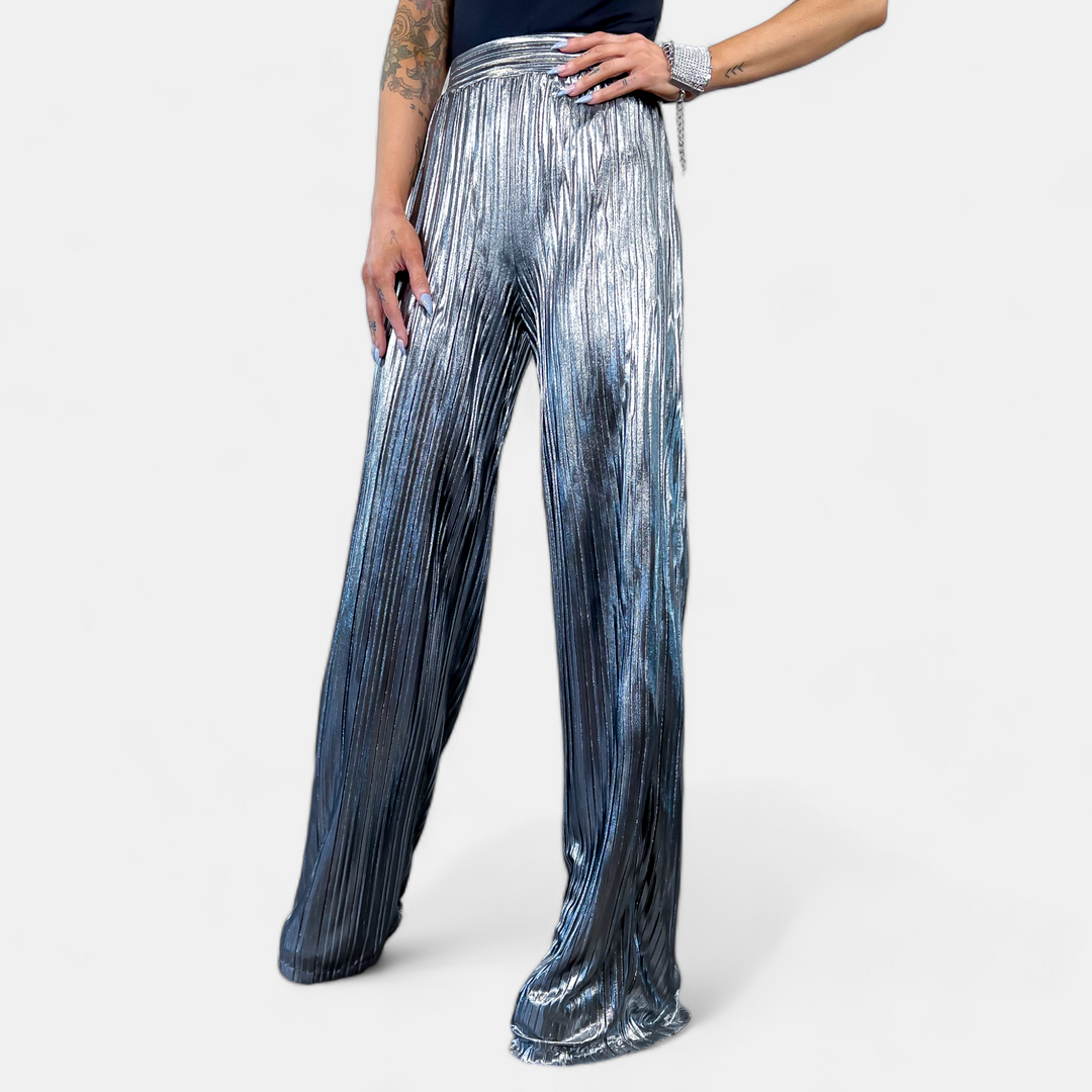 Silver Metallic Crinkle Wide Leg Pants
