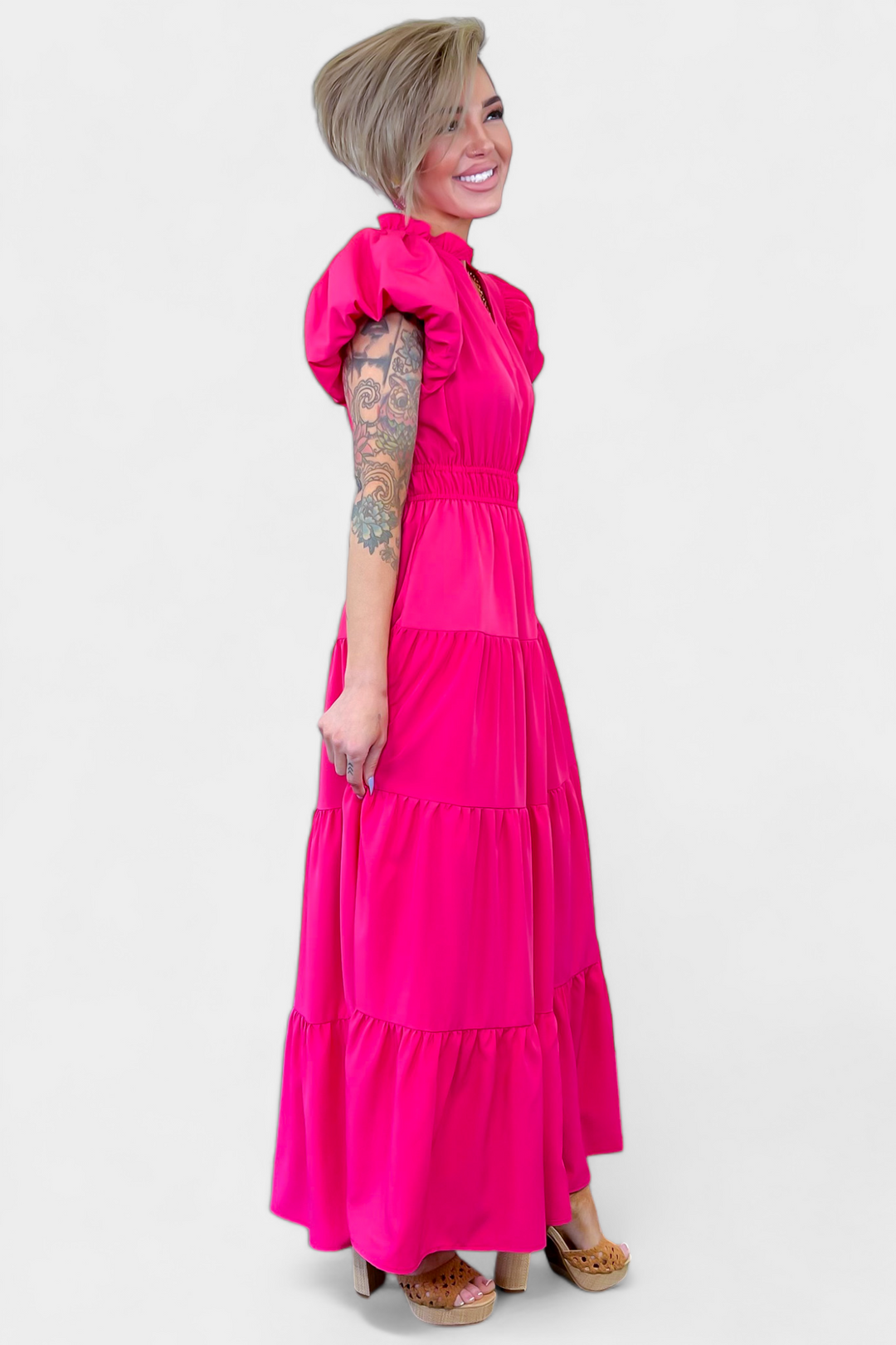 Pink Puff Sleeve Maxi Dress