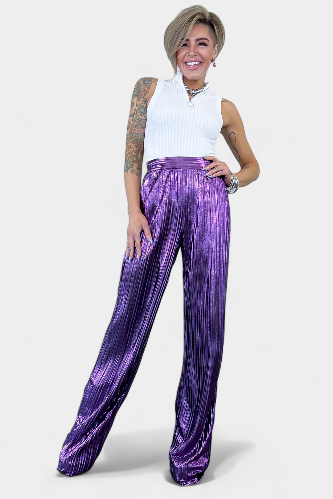 Purple Metallic Crinkle Wide Leg Pants
