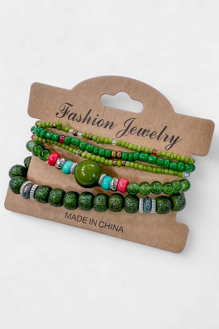 Green Mixed Bead Stretch Bracelet Set