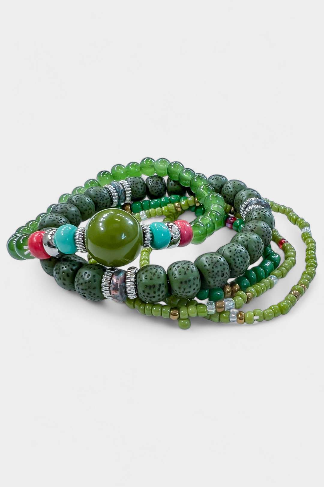 Green Mixed Bead Stretch Bracelet Set