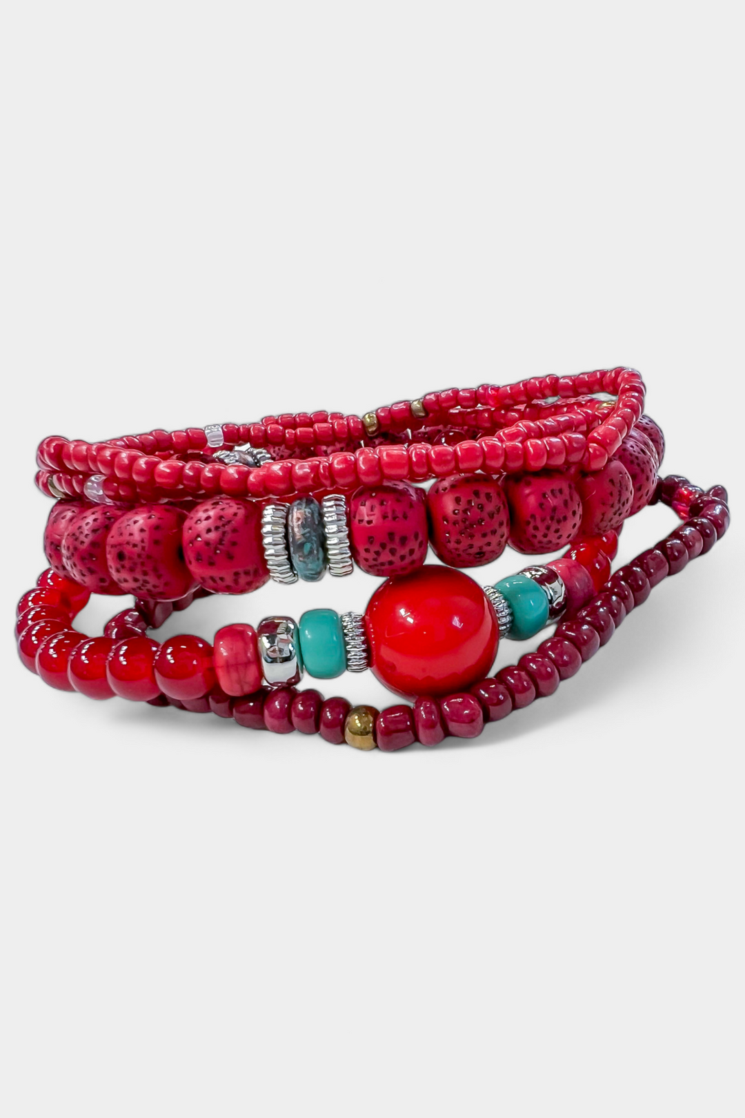 Red Mixed Bead Stretch Bracelet Set
