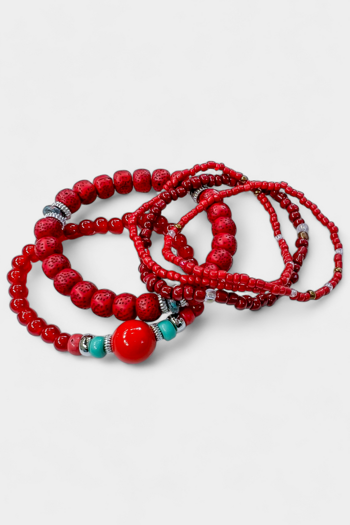Red Mixed Bead Stretch Bracelet Set