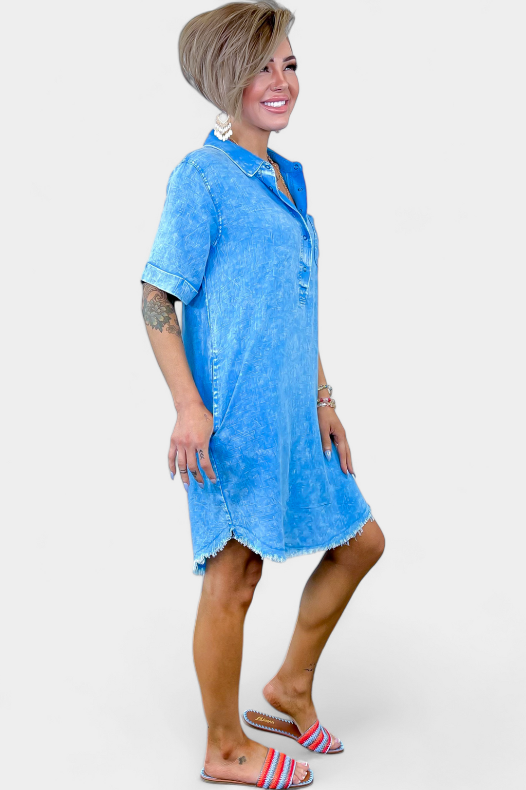 Blue Raw Edge V-Neck Dress