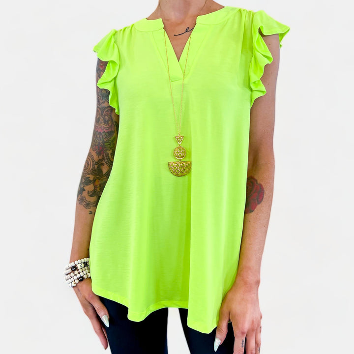 Neon Green Lizzy Flutter Sleeve Top