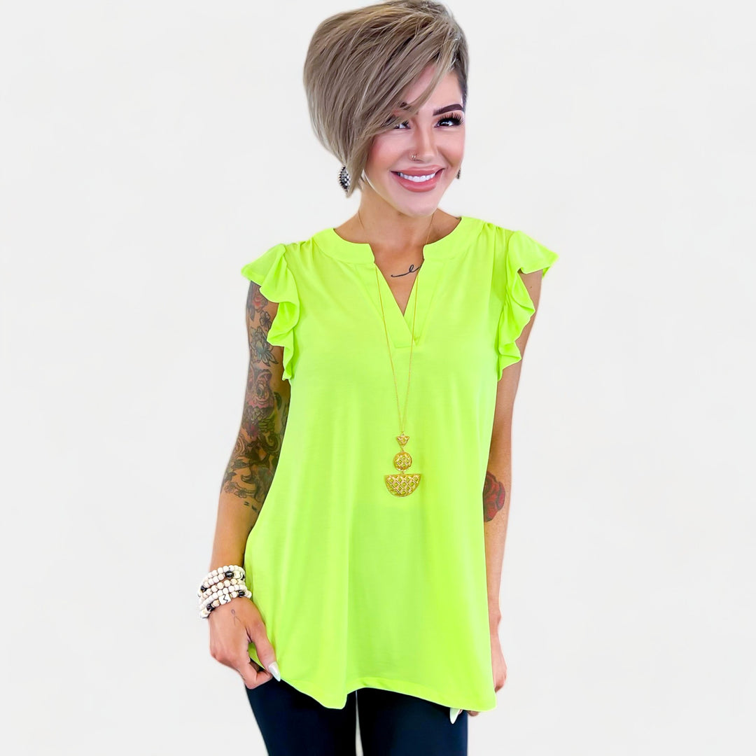 Neon Green Lizzy Flutter Sleeve Top