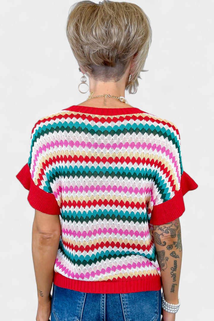 Red Trimmed Short Sleeve Sweater