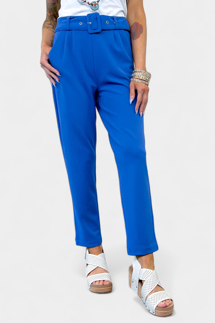 Blue Belted Stretch Pants