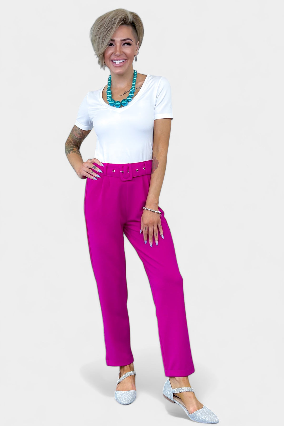 Magenta Belted Stretch Pants