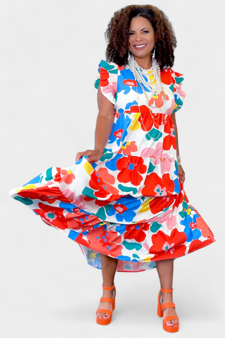 Coral Floral Frill Dress