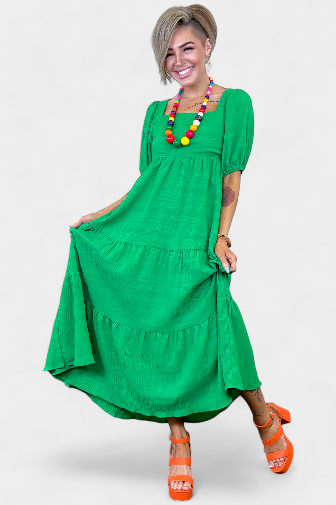 Green Puff Sleeve Maxi Dress