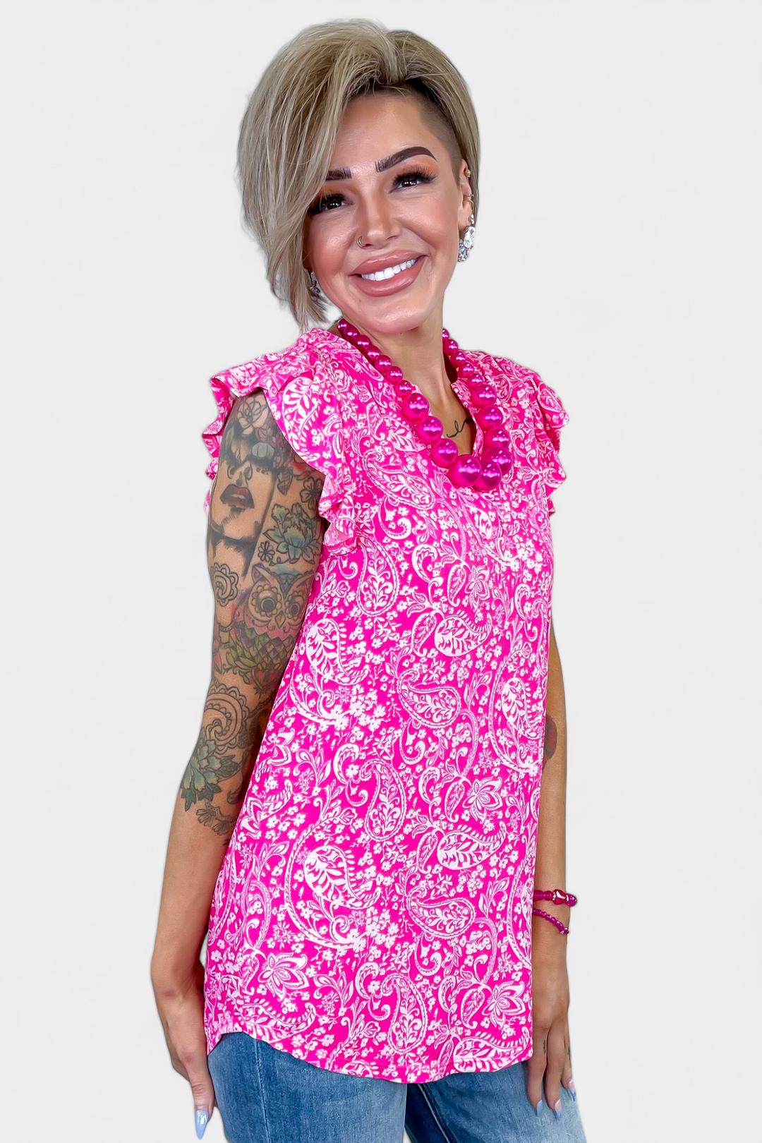 Hot Pink Paisley Lizzy Flutter Sleeve Top