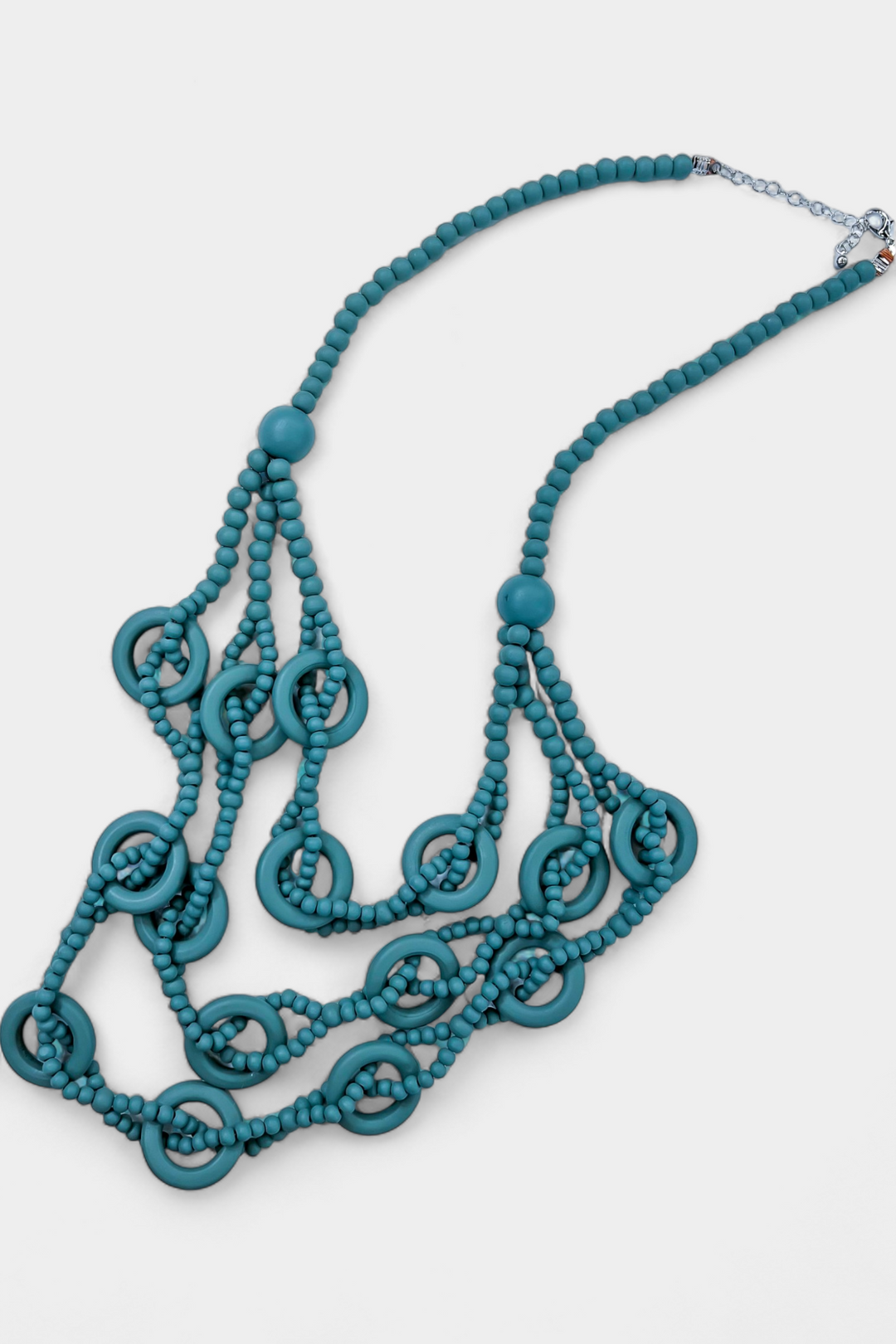 Teal Bead Wooden Layered Long Necklace