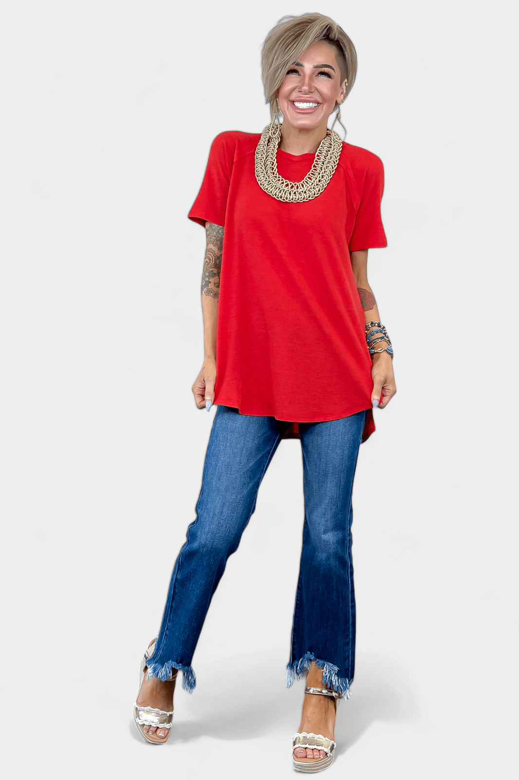 Red Waffle Short Sleeve Top