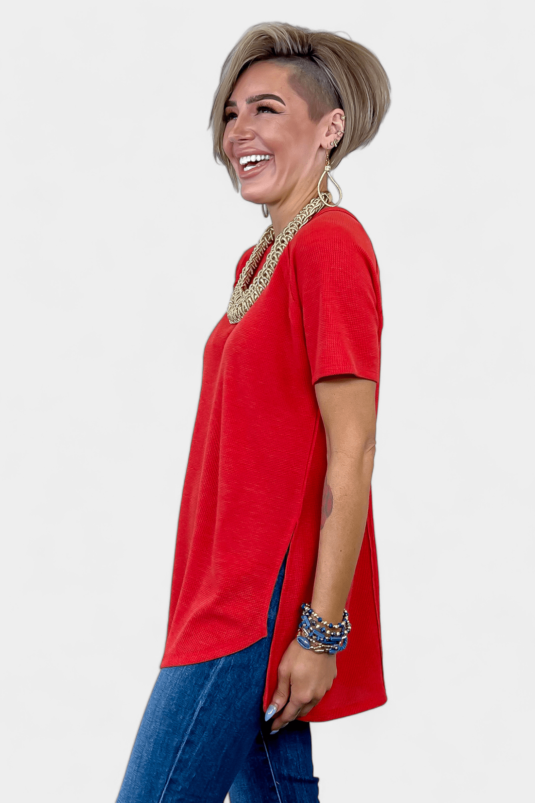 Red Waffle Short Sleeve Top