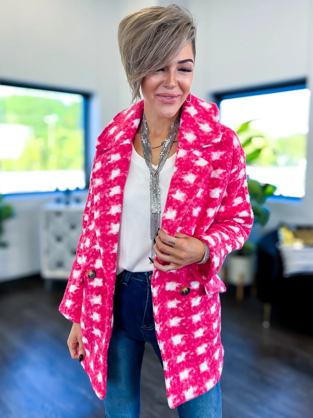 Checkered Fleece Coat | Fuchsia Active Basic