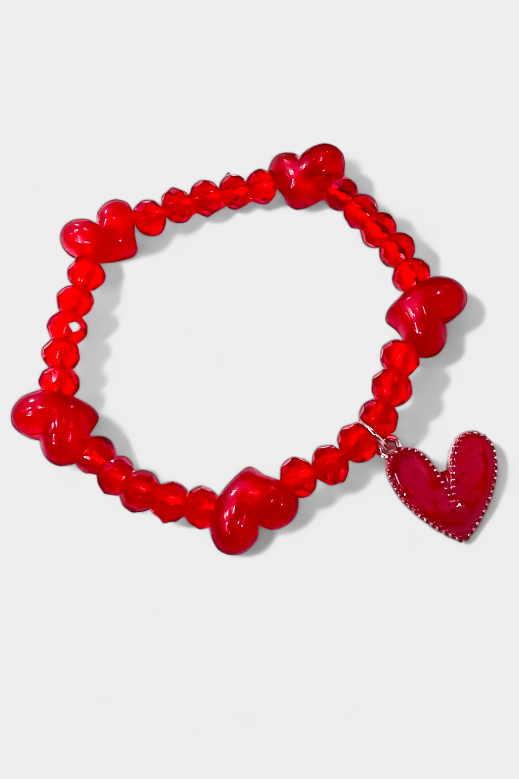 Red Beaded Heart Charm Stretch Bracelet