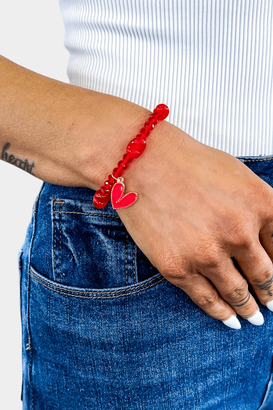 Red Beaded Heart Charm Stretch Bracelet