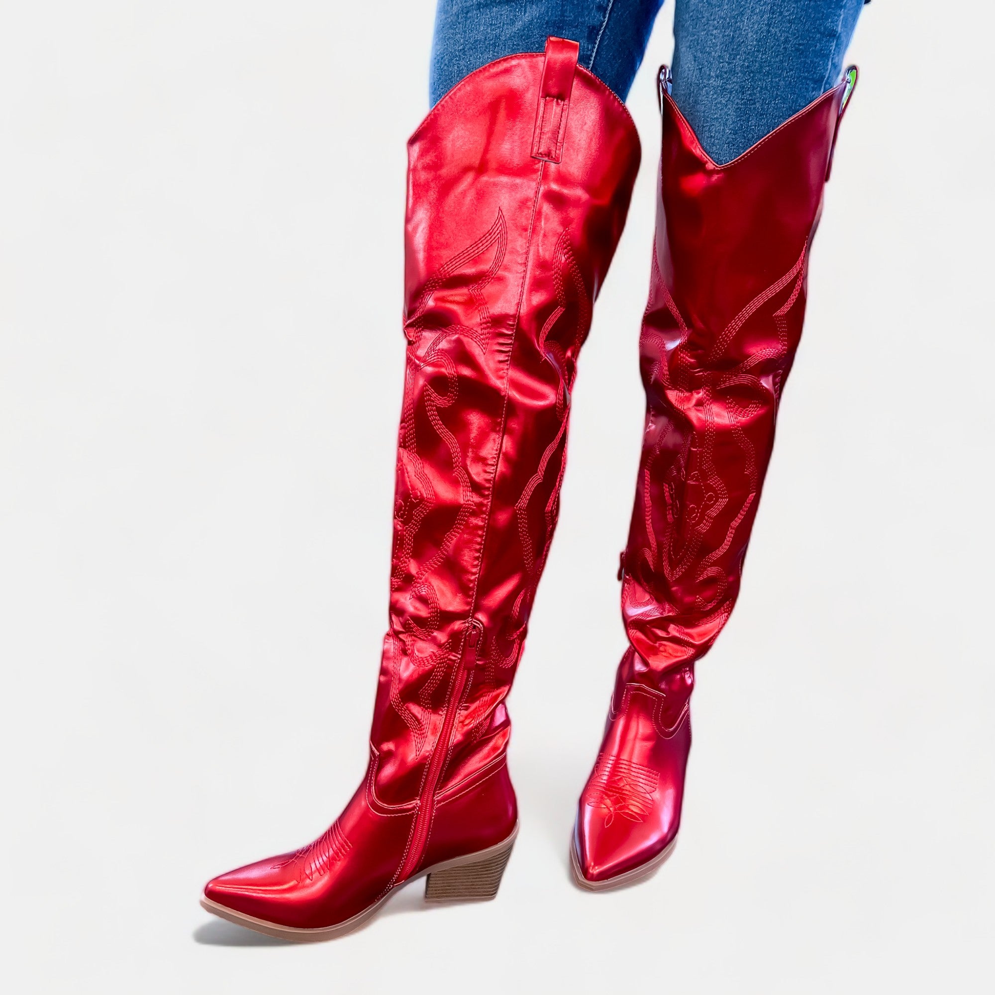 Red Metallic Over the Knee Boots