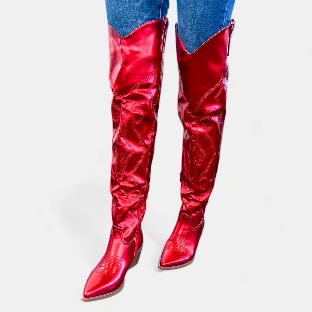 Red Metallic Over the Knee Boots
