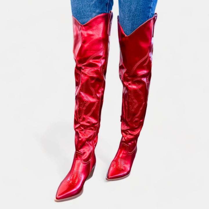 Red Metallic Over the Knee Boots