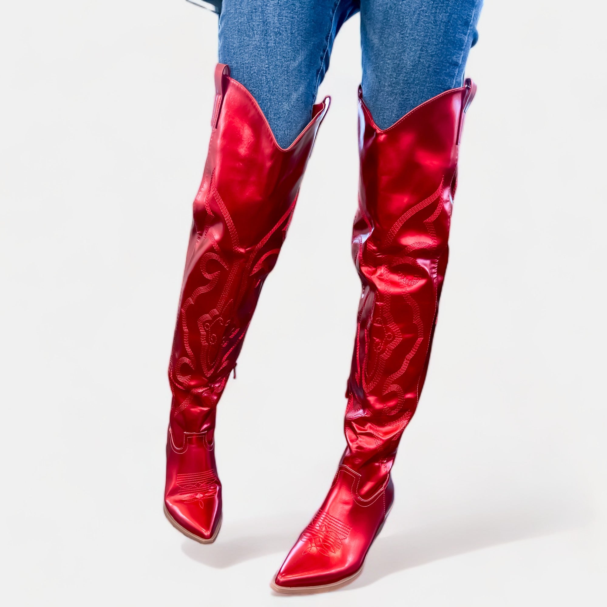 Red Metallic Over the Knee Boots