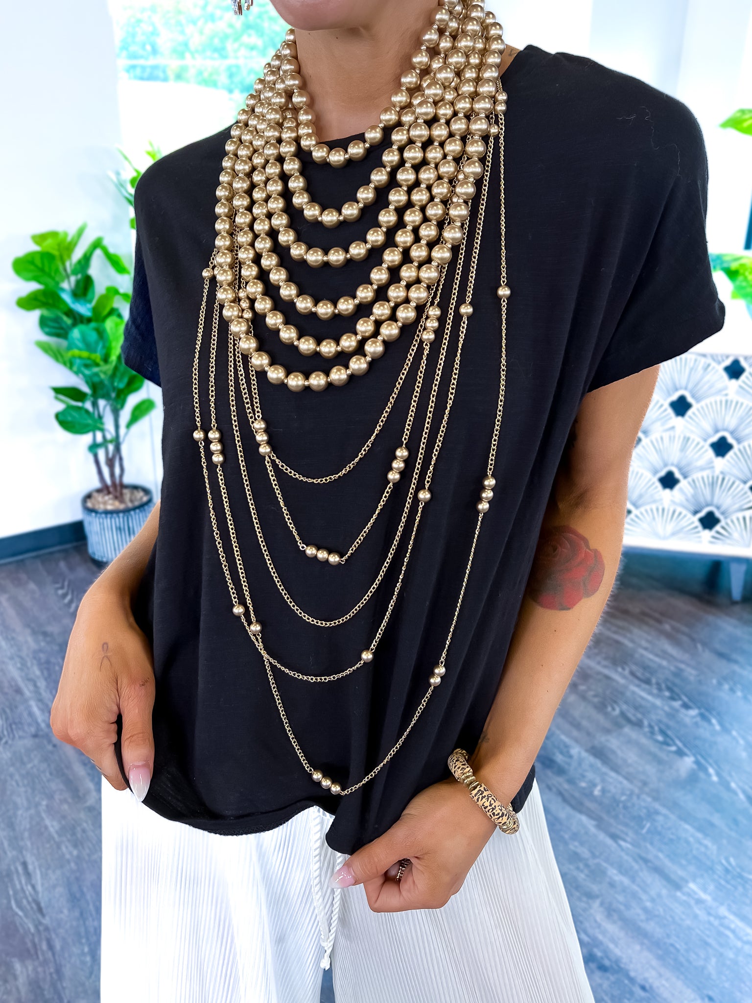 Pearl Bib Necklace | Matte Gold