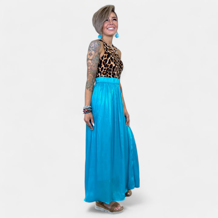 Blue Silk Pleated Maxi Skirt