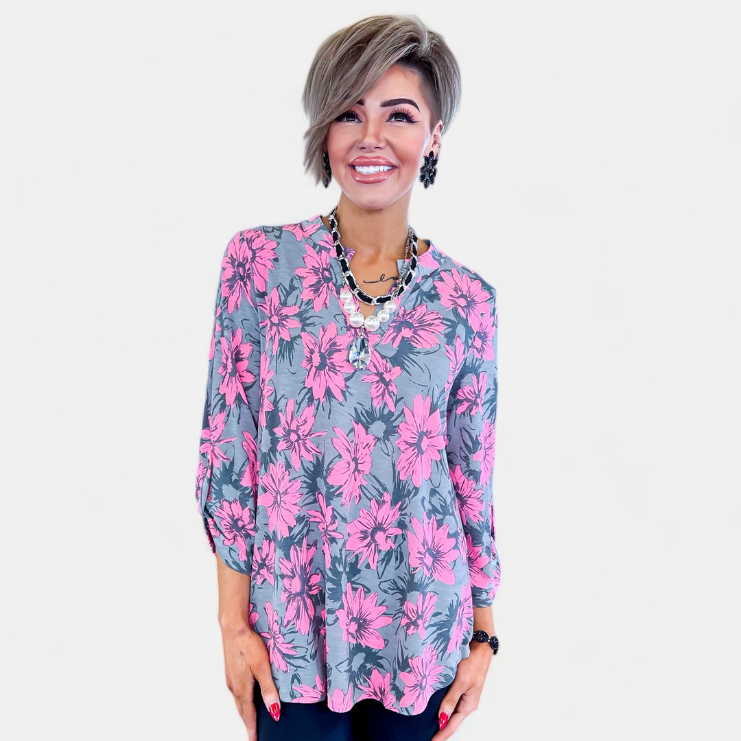 Pink & Grey Floral Lizzy Top