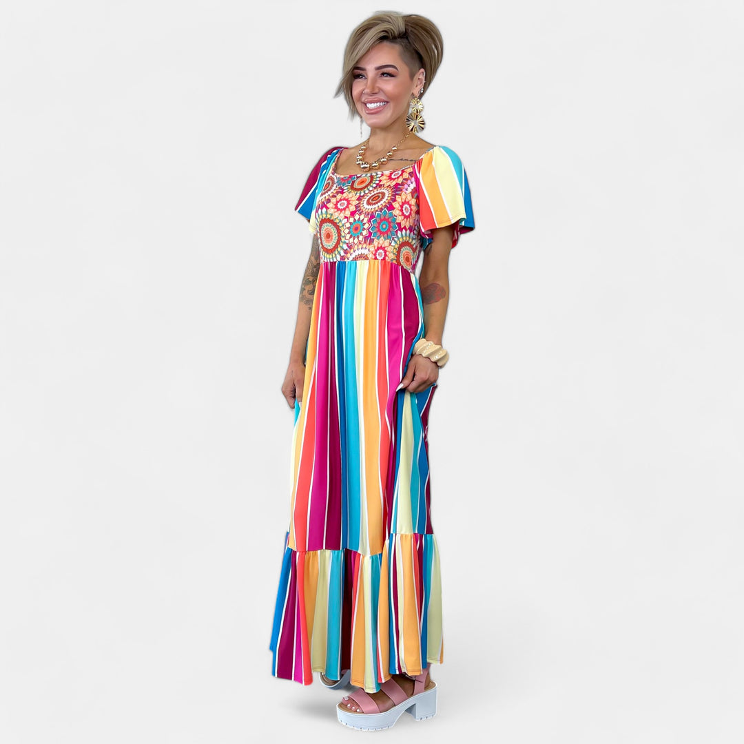 Crochet Medallion Multi Stripe Maxi Dress