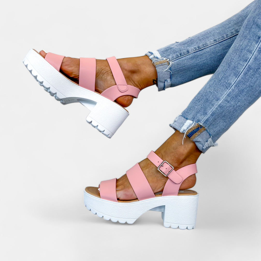 Pink Chunky Heel Platform Sandals