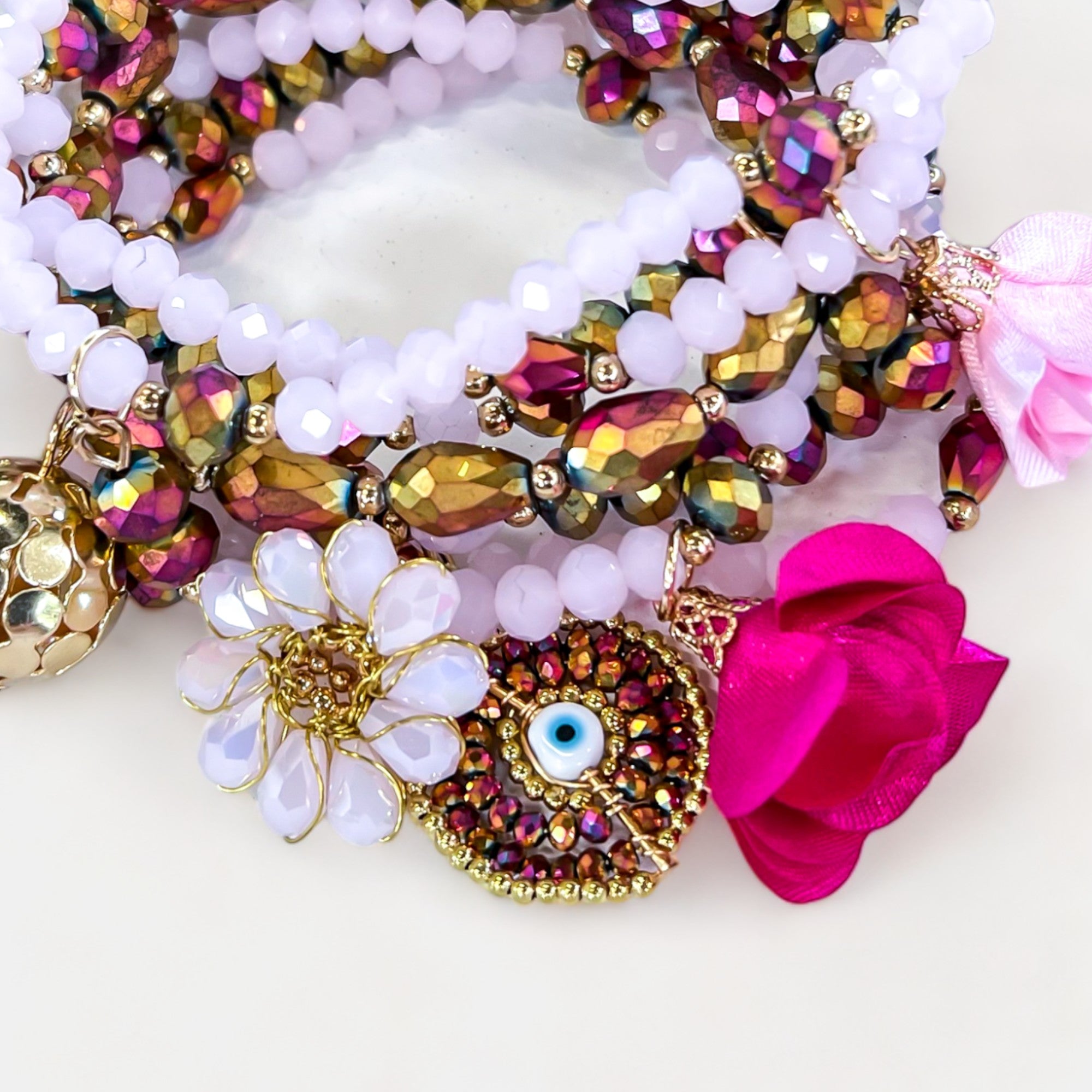 Pink Flower Charm Bracelet Set
