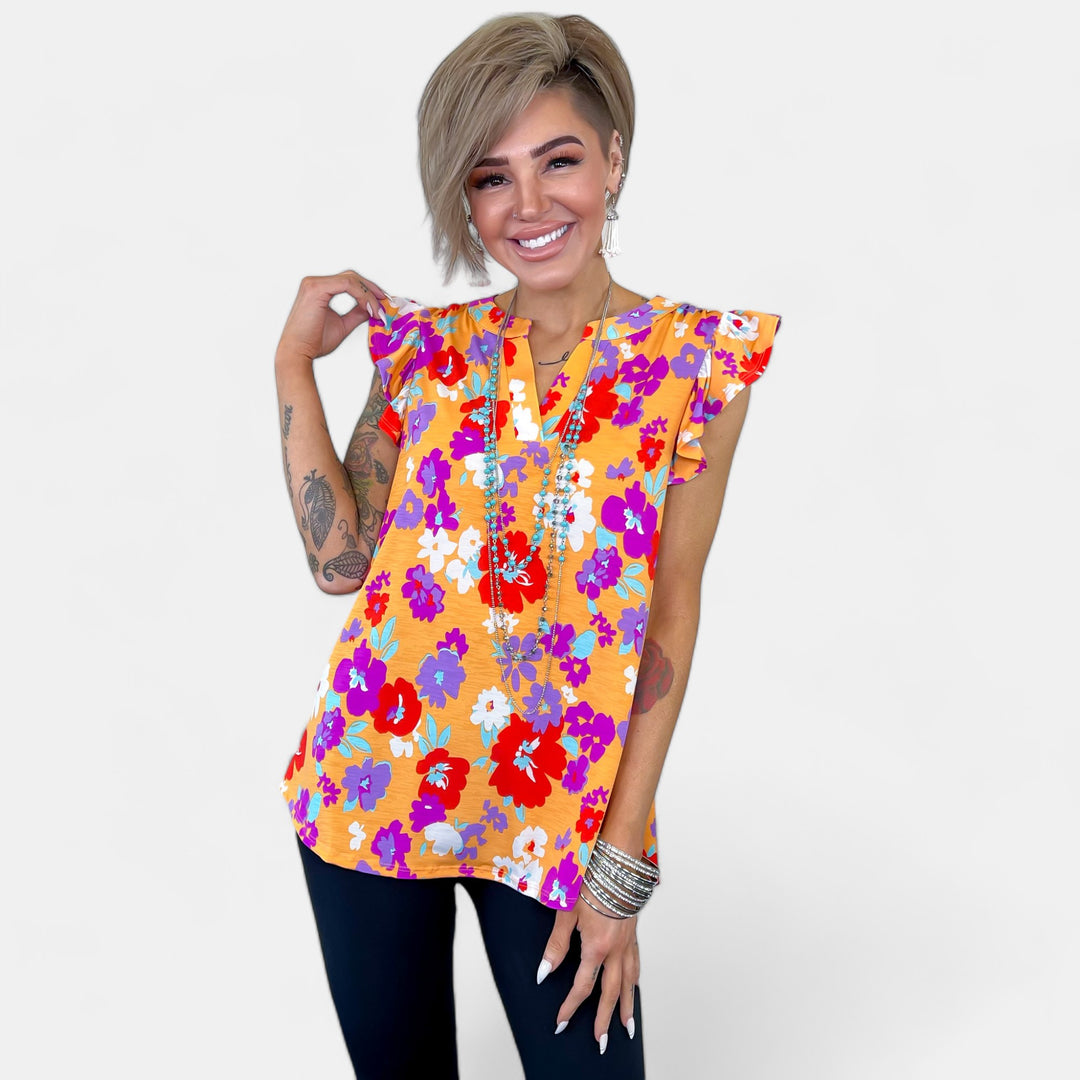Apricot Floral Lizzy Flutter Sleeve Top