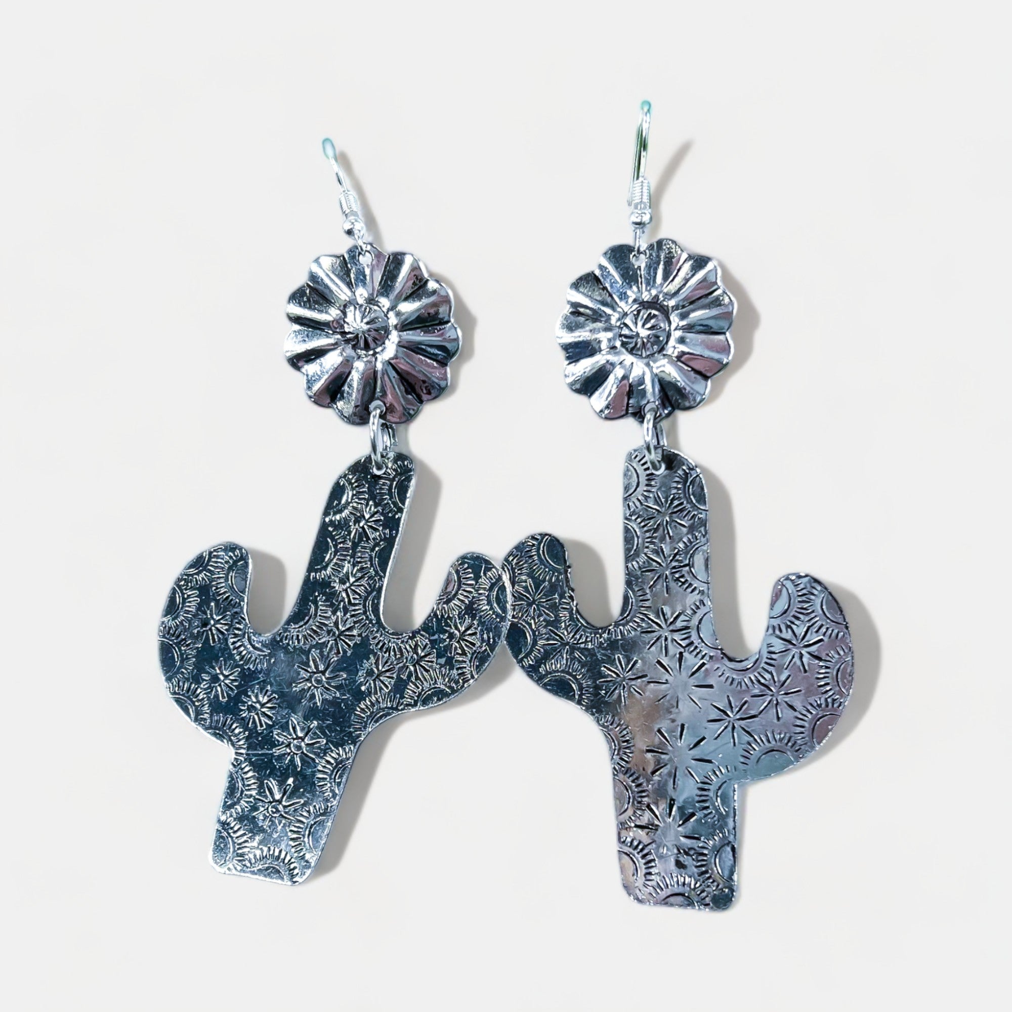Silver Western Concho Cactus Earrings