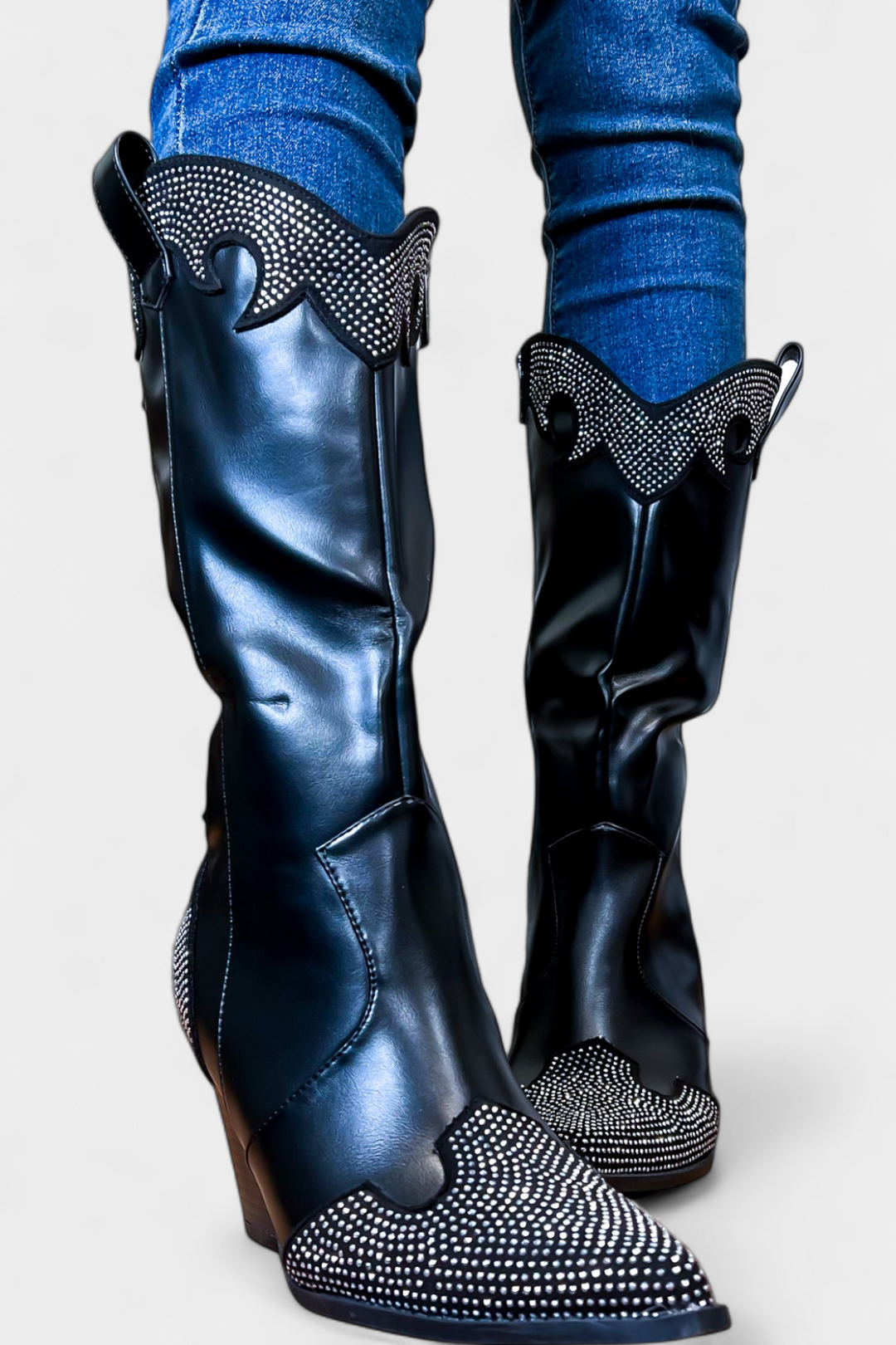 Black Rhinestone Pointed Toe Boots