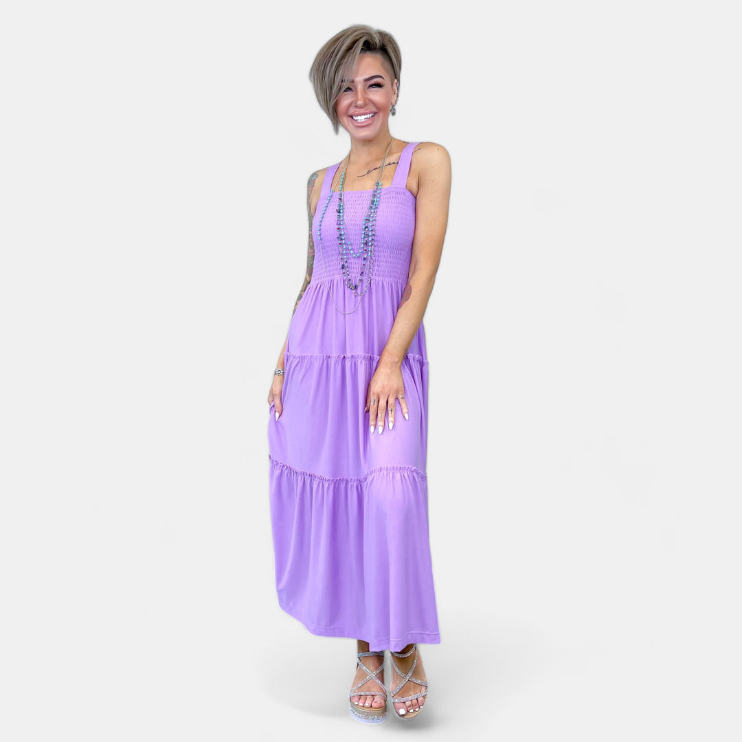 Lavender Smocked Tiered Midi Dress