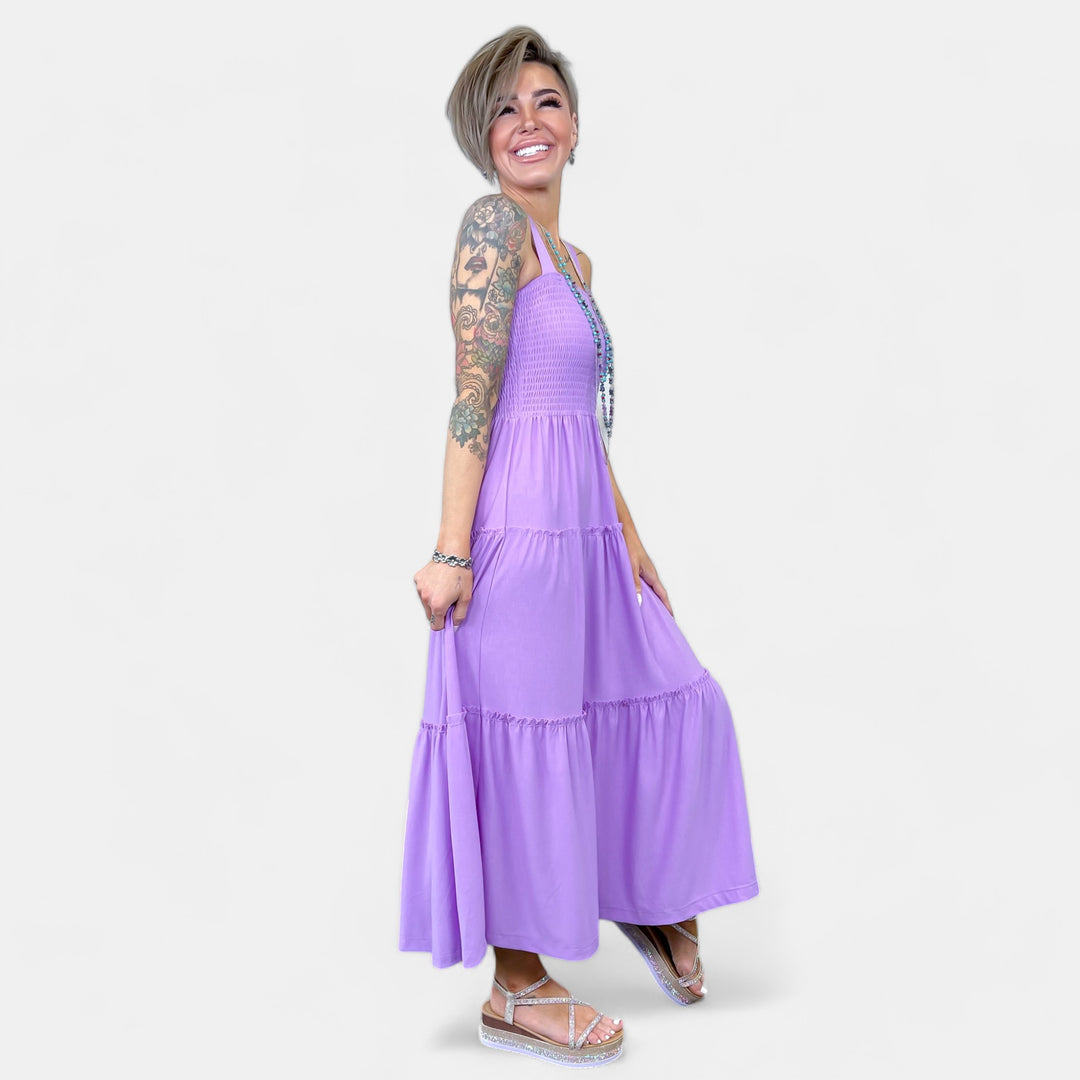 Lavender Smocked Tiered Midi Dress