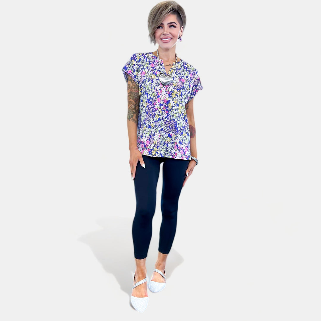 Purple Floral Lizzy Short Sleeve Top